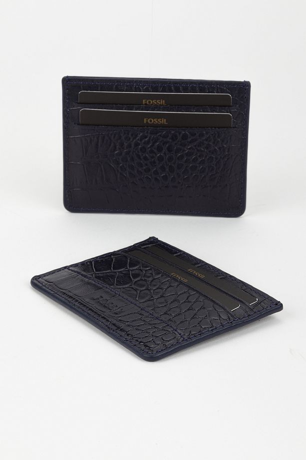 Kutulu Hakiki Deri Croco Lacivert Unisex El Portföyü Cüzdan - 1