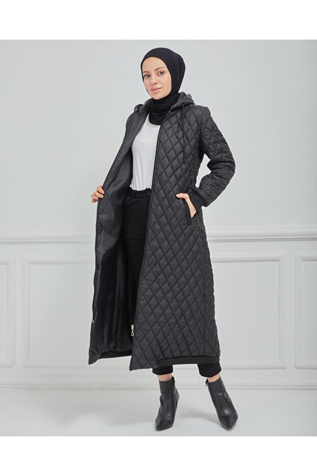 Kapüşonlu Kapitone Mont - Siyah - 4