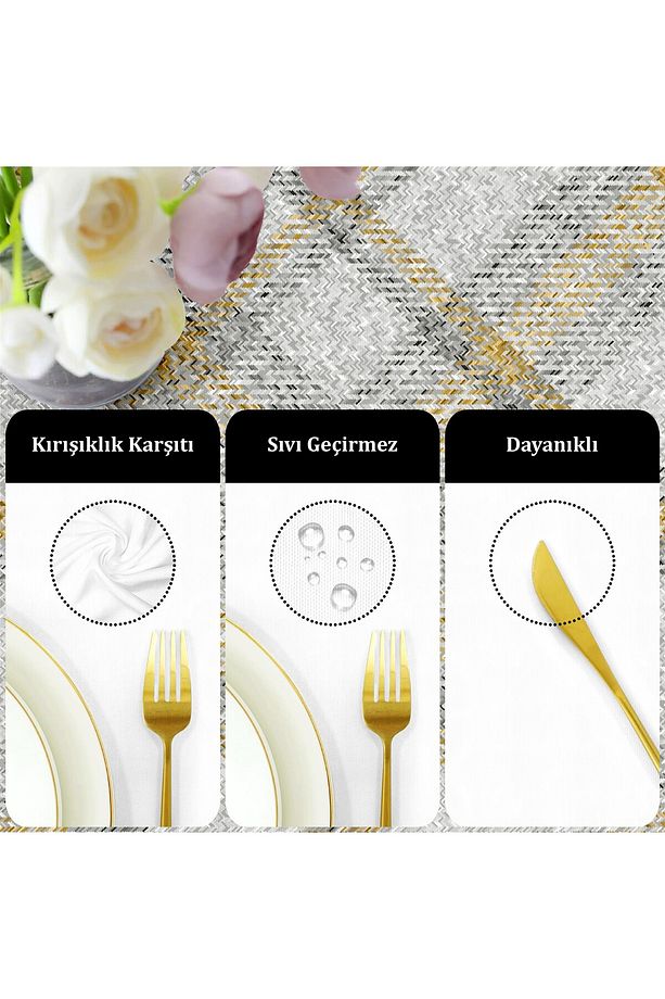 Canvas Flowy Gri Sıvı Geçirmez Leke Tutmaz Masa Örtüsü - 4