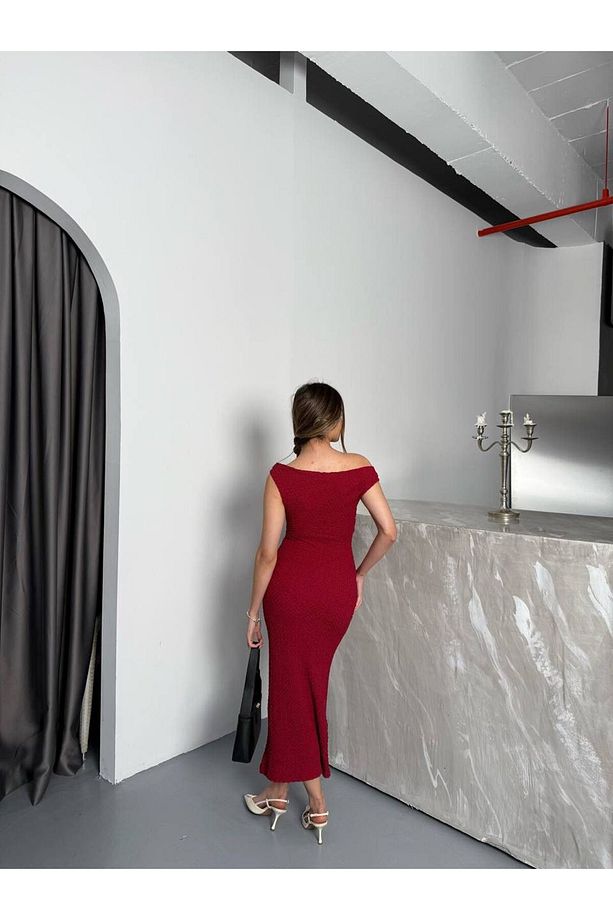 Kadın Elbise Tek Omzu Düşük Midi Boy Tek omuz Bubble Örme Kumaş - 7