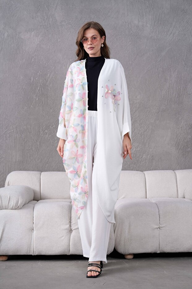Women's Floral Embroidered Linen Bat Sleeve Double Set