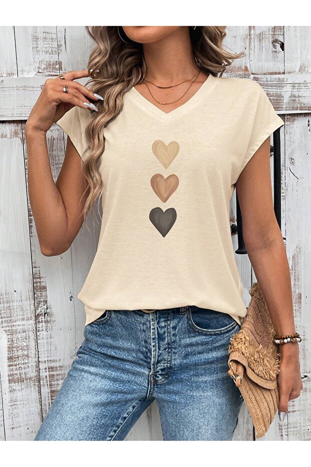 Women's Heart Printed V-Neck Loose Oversize T-Shirt