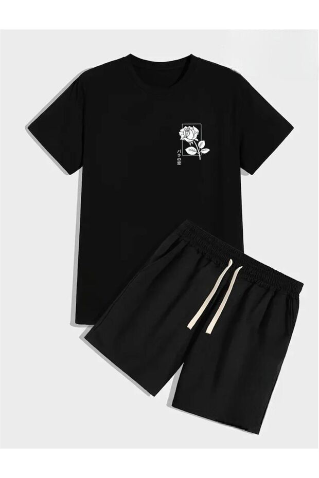 Printed T-Shirt Short Wide Leg Comfortable Fit Black Bottom Black Top Short Set