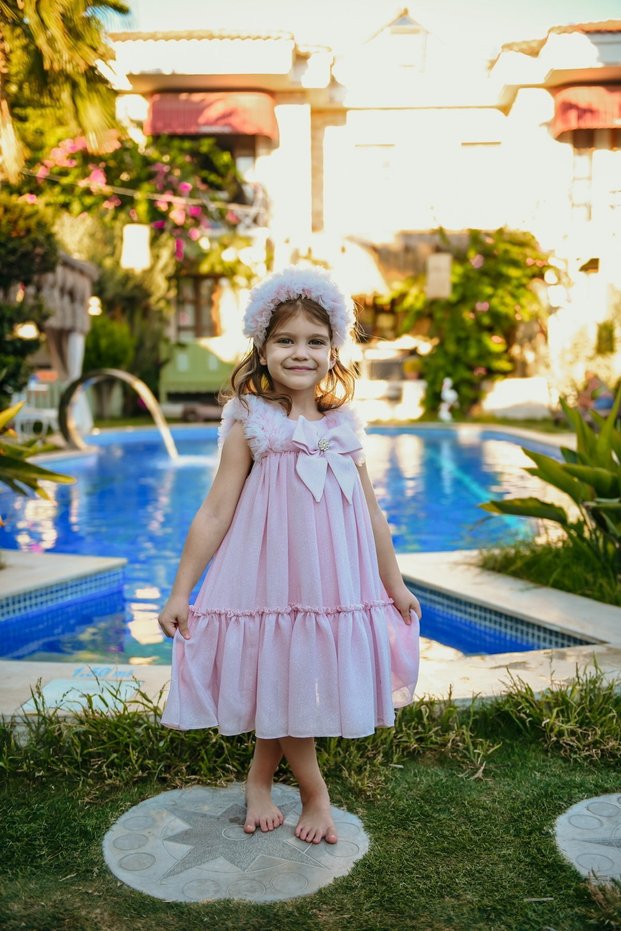 Girl's Evening Dress with Crown Accessory, Shoulder Ruffle Detail, Glitter and Bow, Girl's Birthday and Party Dress E