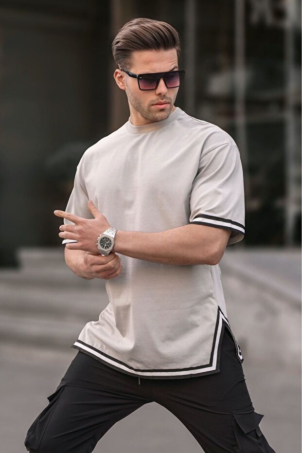 Dyed Gray Crew Neck Striped T-Shirt 6097