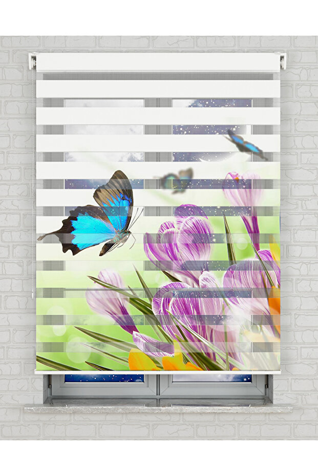 Turkuaz Kelebek ve Çiçekler Baskılı Zebra Perde - Gece Gündüz - Mutfak Perdesi - 1