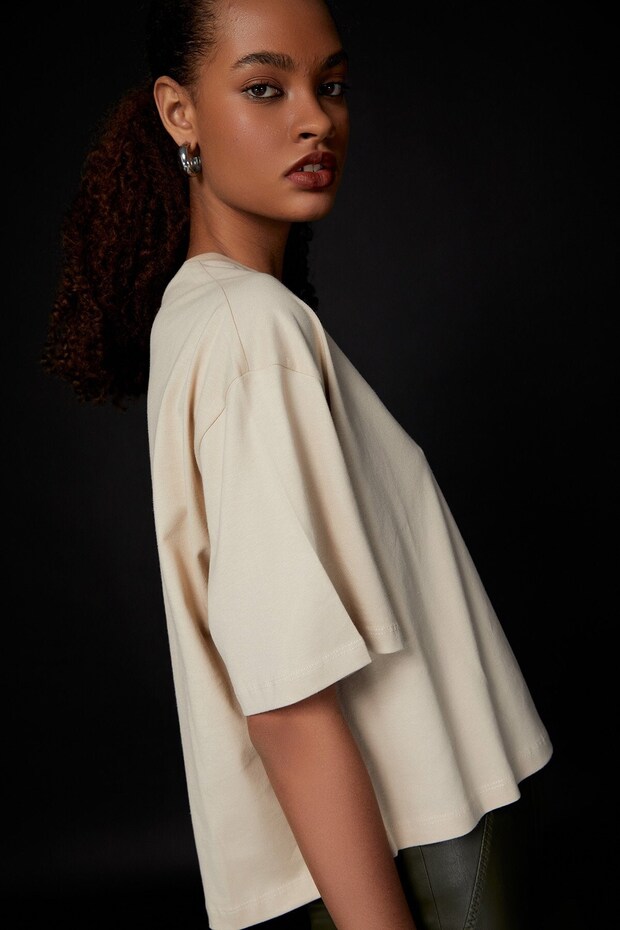 Beige Colored Basic T-Shirt - 4