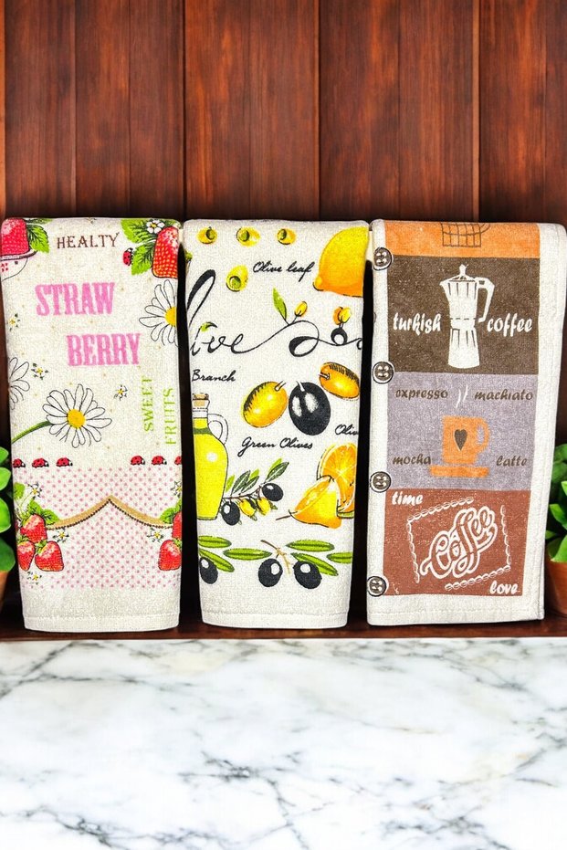 Printed Towel | Set of 3 30X50 cm Hand and Face Towels | Kitchen Towel | Wooden Base