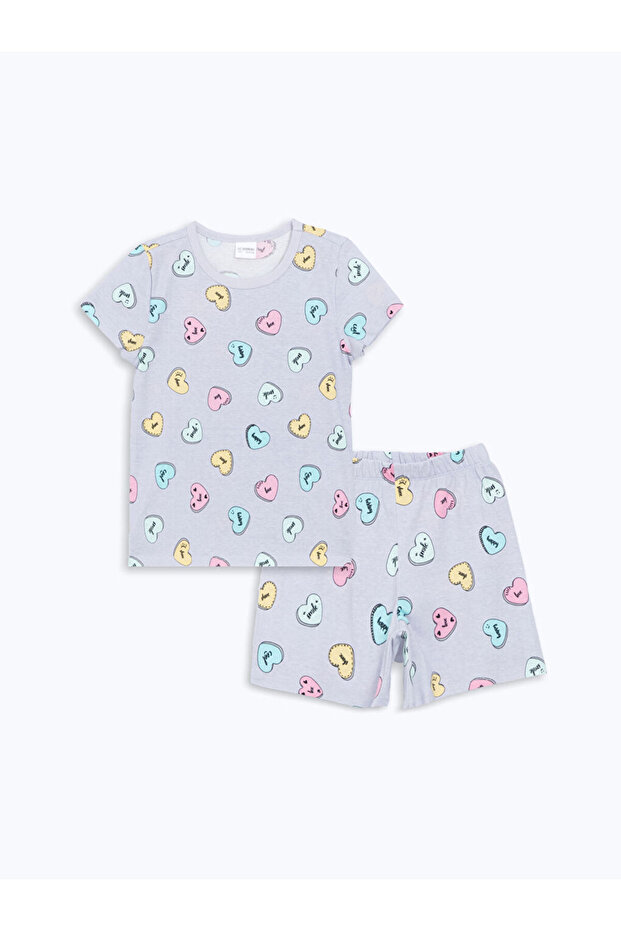 Lila Crew Neck Printed Girls' Pajama Set with Shorts