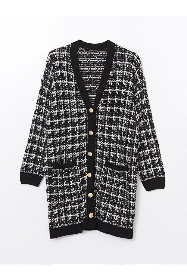 Siyah V Yaka Desenli Kadın Triko Hırka - 5