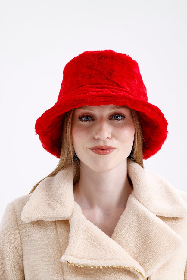 Red Vegan Fur Plush Winter Women's Premium Bucket Hat