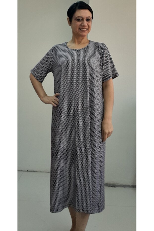 Navy blue floral print short-sleeved combed cotton Viscose Dress