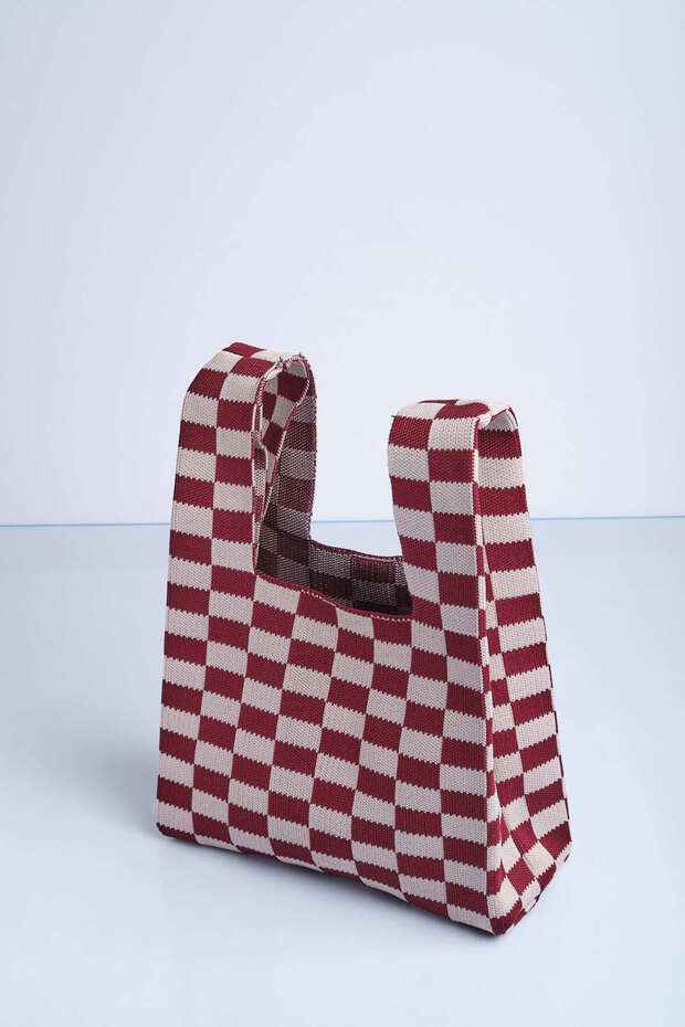 Checkered Patterned Knitwear Tote Handbag - 3