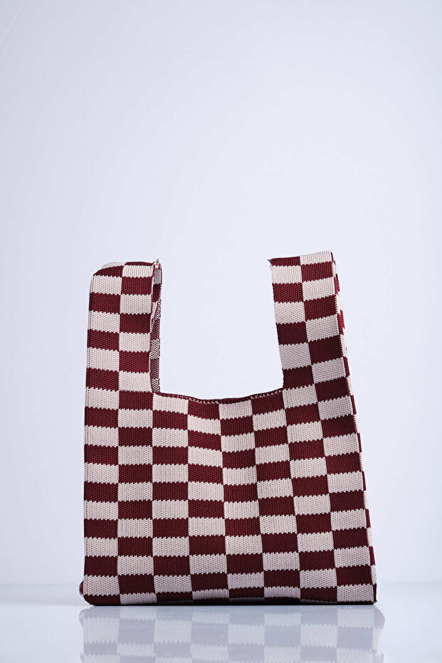 Checkered Patterned Knitwear Tote Handbag - 1