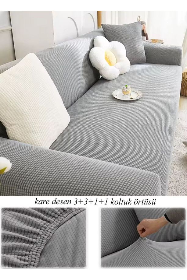 Streç Lastikli Esnek Yikanabilir Kare Desen Berjer Kotuk Örtüsü Takımı 3+3+1+1 - 1