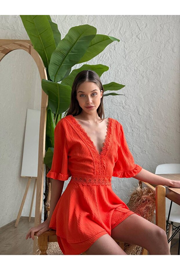 Dantel İşlemeli Şort Tulum - 3