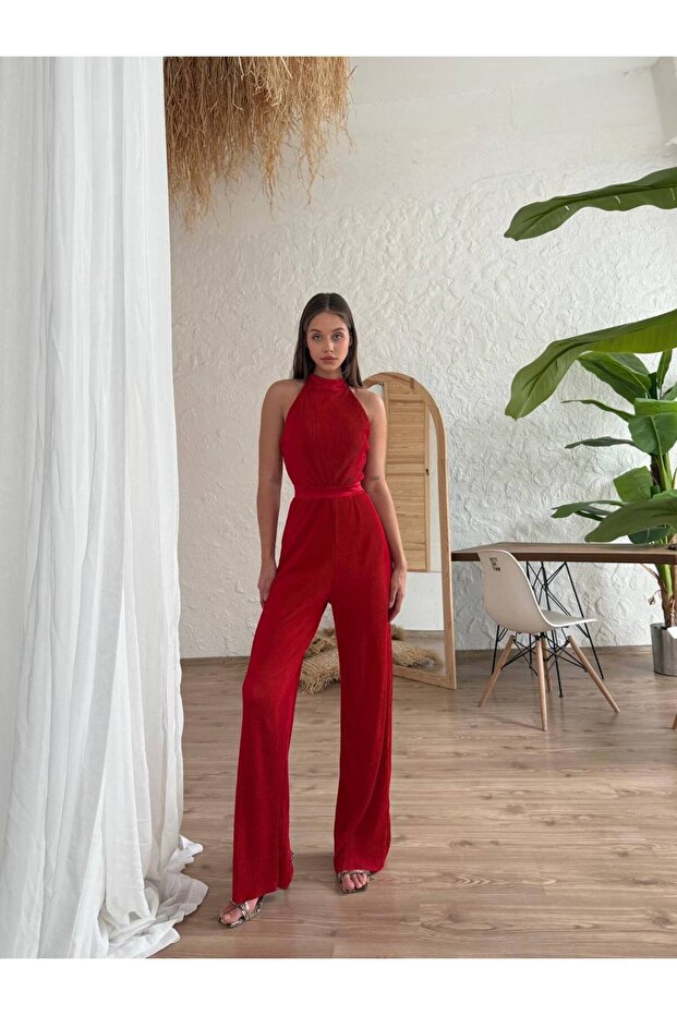 Kadın Fitilli Halter Yaka Abiye Tulum - 4