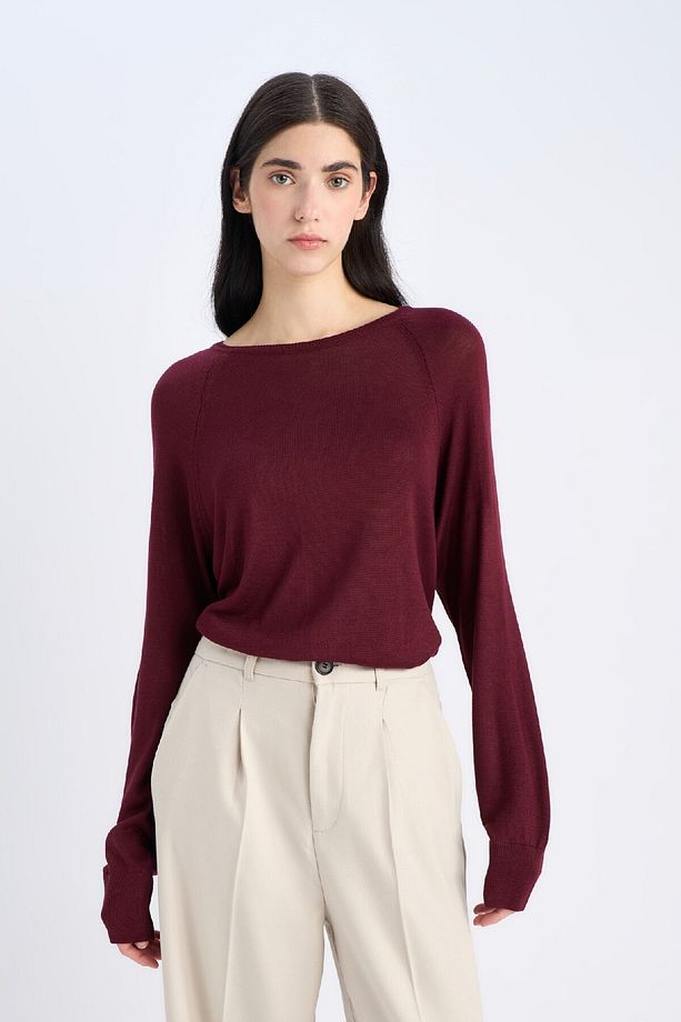 Regular Fit Bisiklet Yaka Basic Düz Bordo Triko Kazak D6281ax25sp - 3