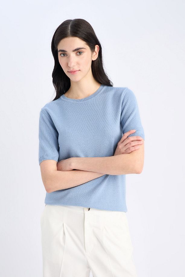 Regular Fit Basic Düz Bisiklet Yaka Kısa Kollu Triko Kazak E6810AX25SP - 3