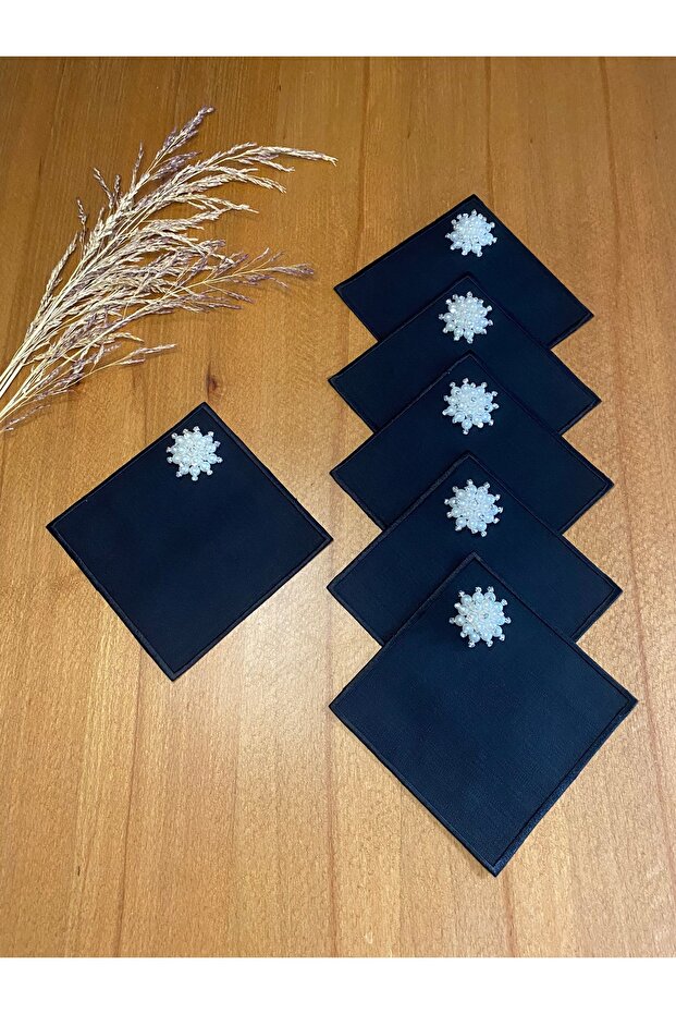 6 Pieces Black Gardenia Linen Square Cocktail Presentation Napkins with Pearls