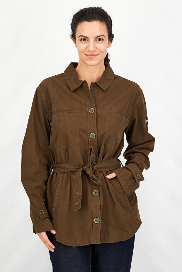 Women Belted long Sleeve Plain Jacket, Olive