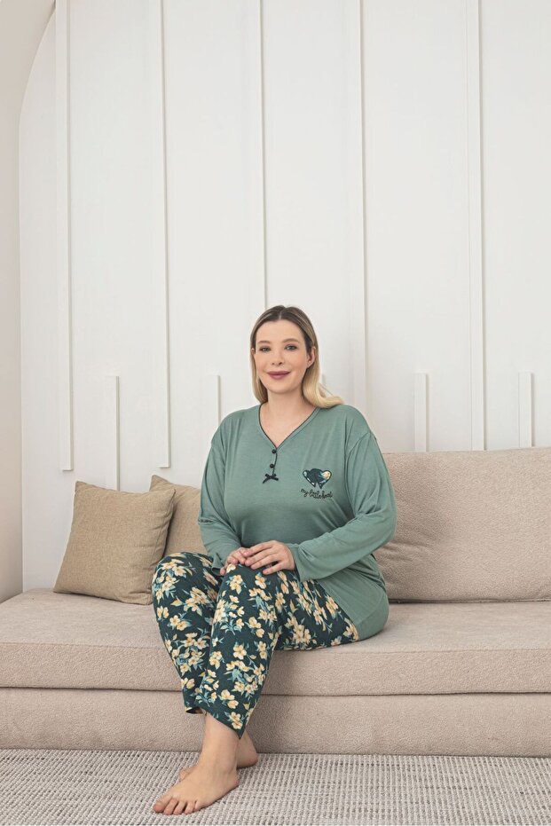 Plus Size Lycra Patterned Pajamas Set - 1