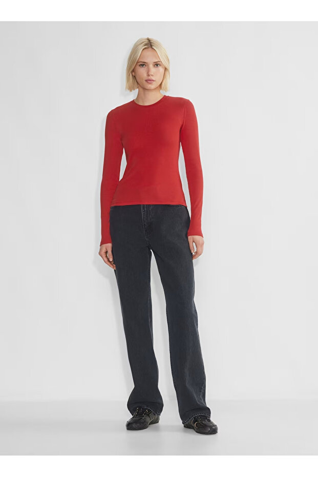 Women's Red Crew Neck Long Sleeve, Ribbed Camisole Fabric T-Shirt & Blouse