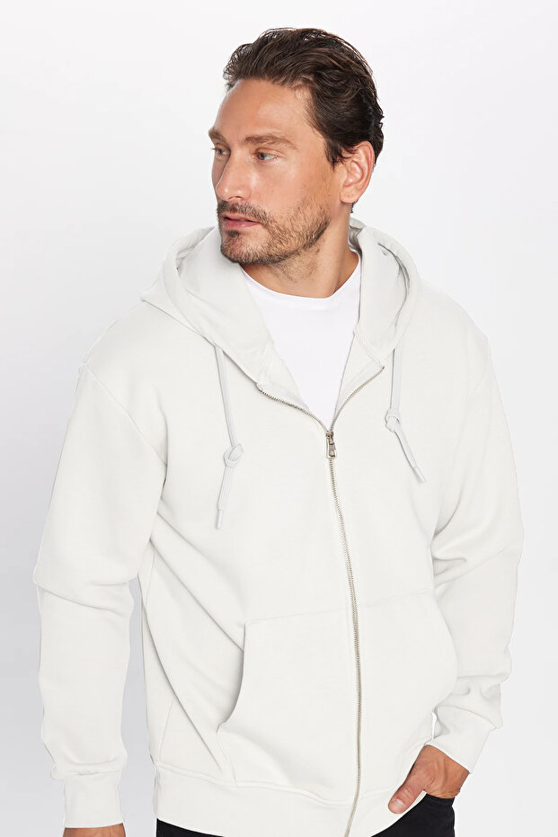 Unisex Relax Fit Relax Fit Cotton Inside Fleece Double Pocket Zippered White Hooded Sweatshirt