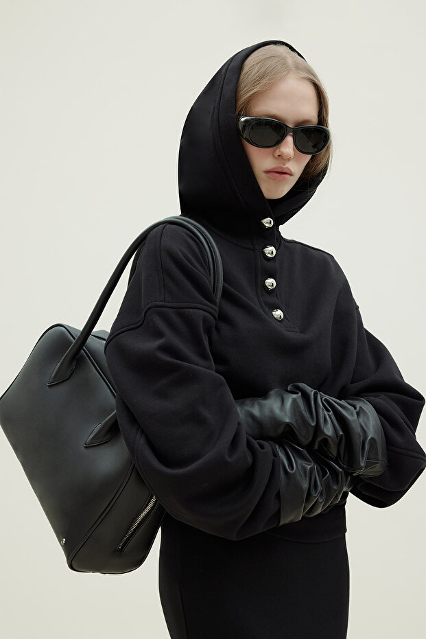 Siyah Gala Düğmeli Oversize Sweatshirt - 1