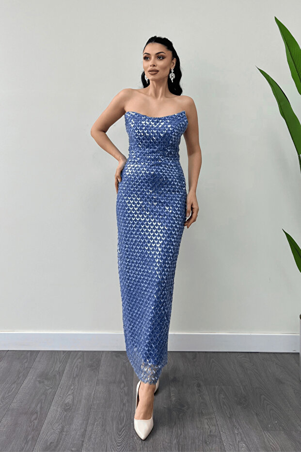 Full beaded fabric strapless evening dress - indigo blue