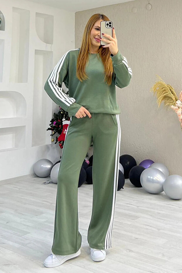 Modal Fabric Stripe Khaki Tracksuit Set