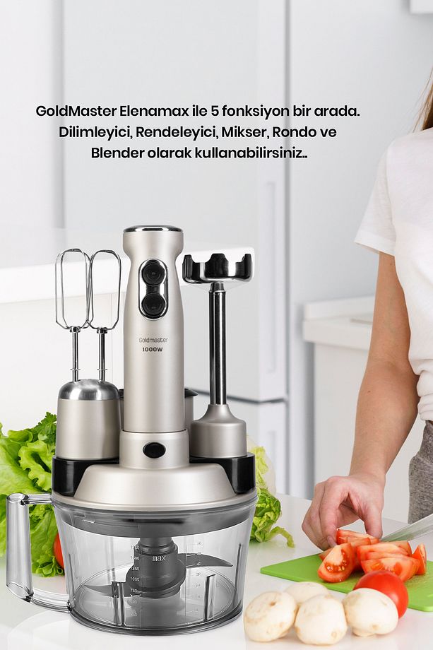 Elenamax Silver 1000 Watt Hız Ayarlı %100 Bakır Motor 5 In 1 Mutfak Robotu Multi Blender Seti - 5