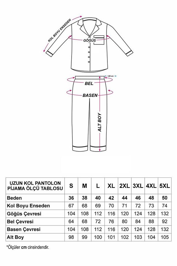 Pudra Ekose Desen Saten Uzun Pijama Takımı - 7