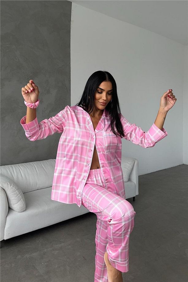 Pudra Ekose Desen Saten Uzun Pijama Takımı - 3
