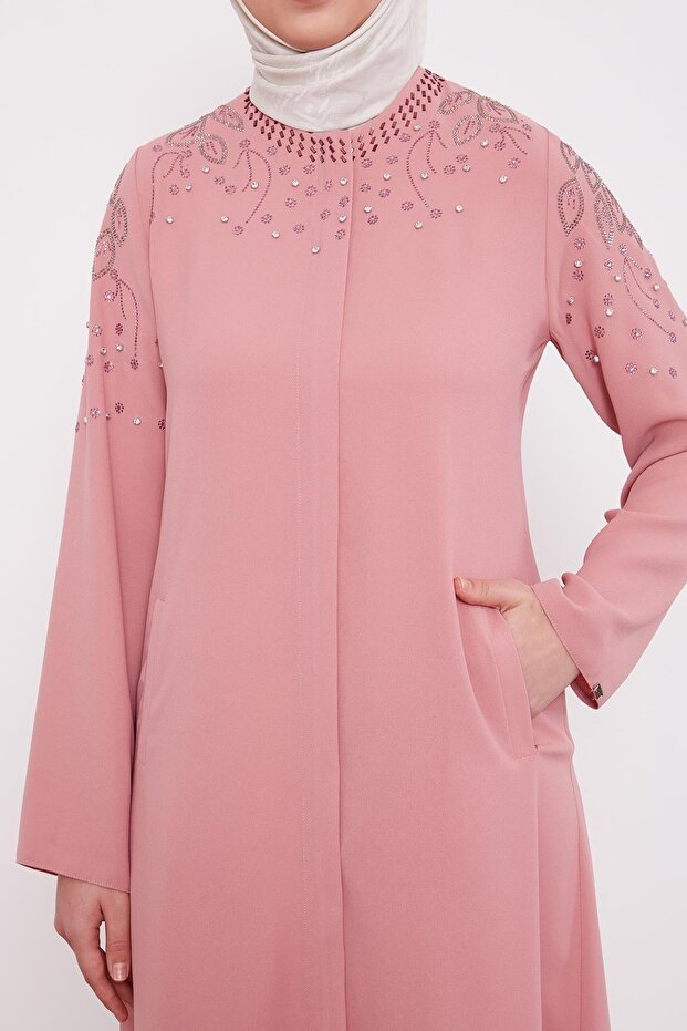 Pudra Taş İşlemeli Ferace - 6