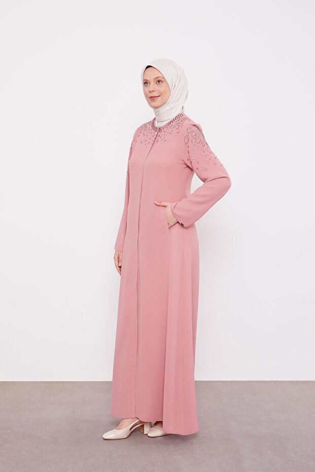 Pudra Taş İşlemeli Ferace - 2