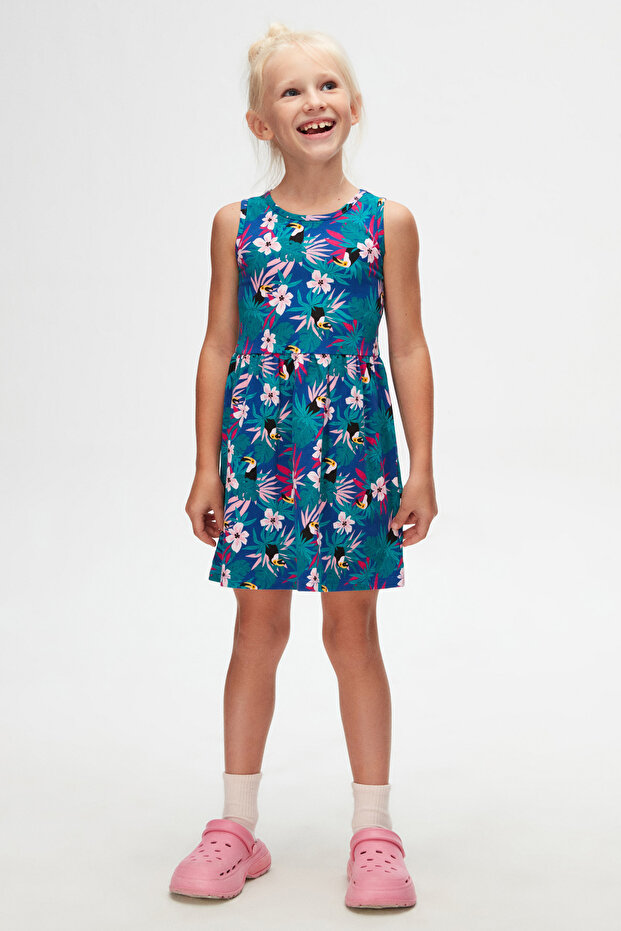 Tropical Parrot Girl's Patterned Sleeveless Dress