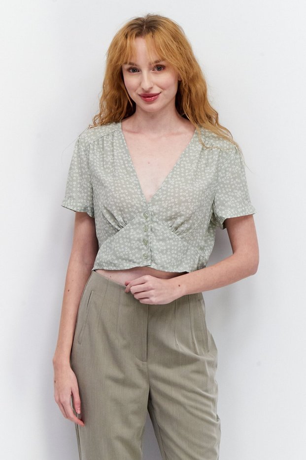 Women V Neck Short Sleeve Floral Print Blouse, Sage