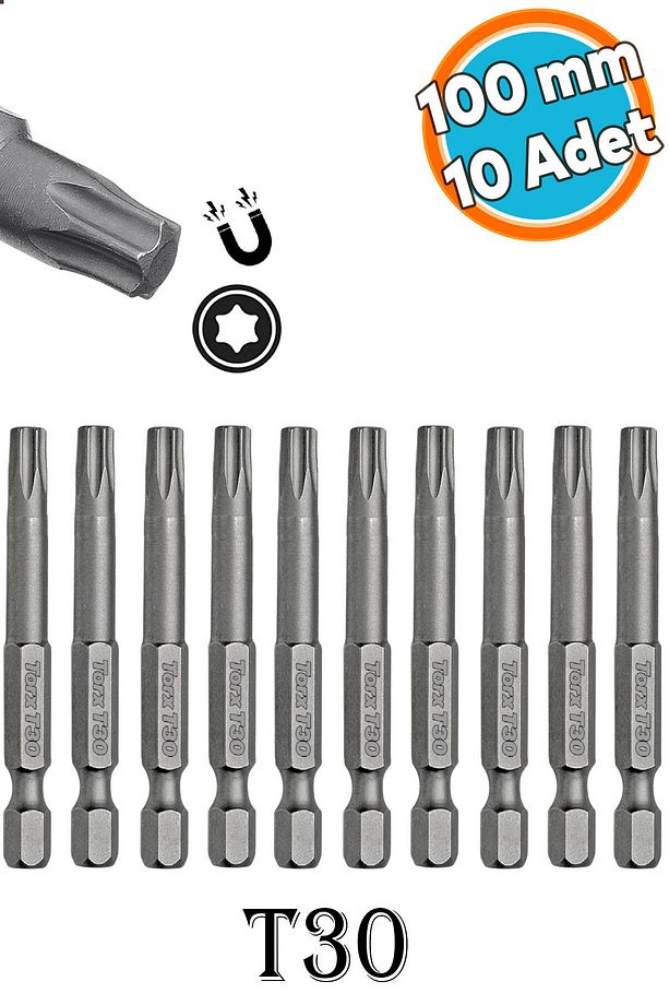 Bits Uç Mıknatıslı Torx T30 100 mm 10'lu Set Kutulu Manyetik 1/4" Matkap Ucu Tork 10 cm Uzunluk - 1