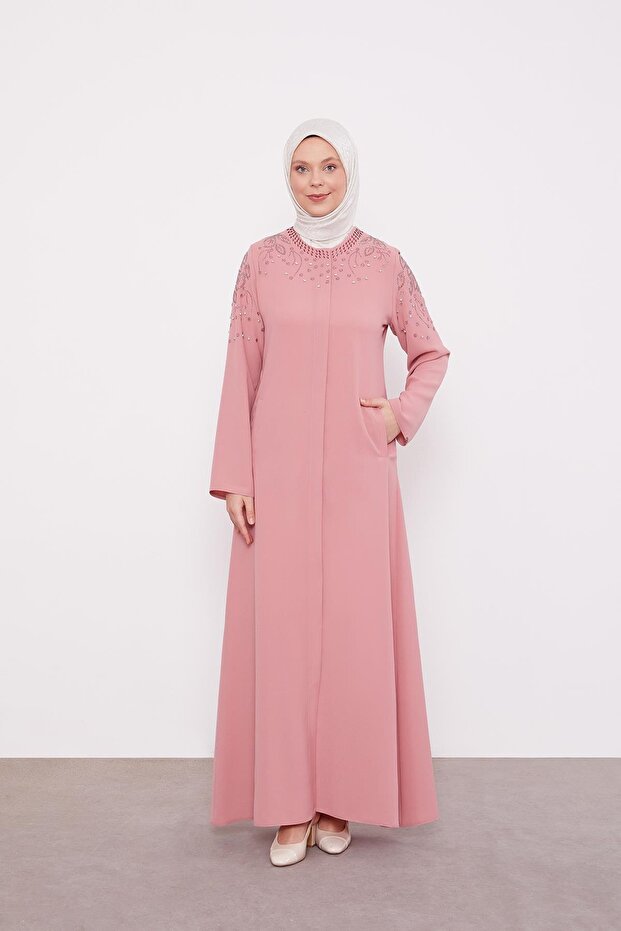 Pudra Taş İşlemeli Ferace - 1