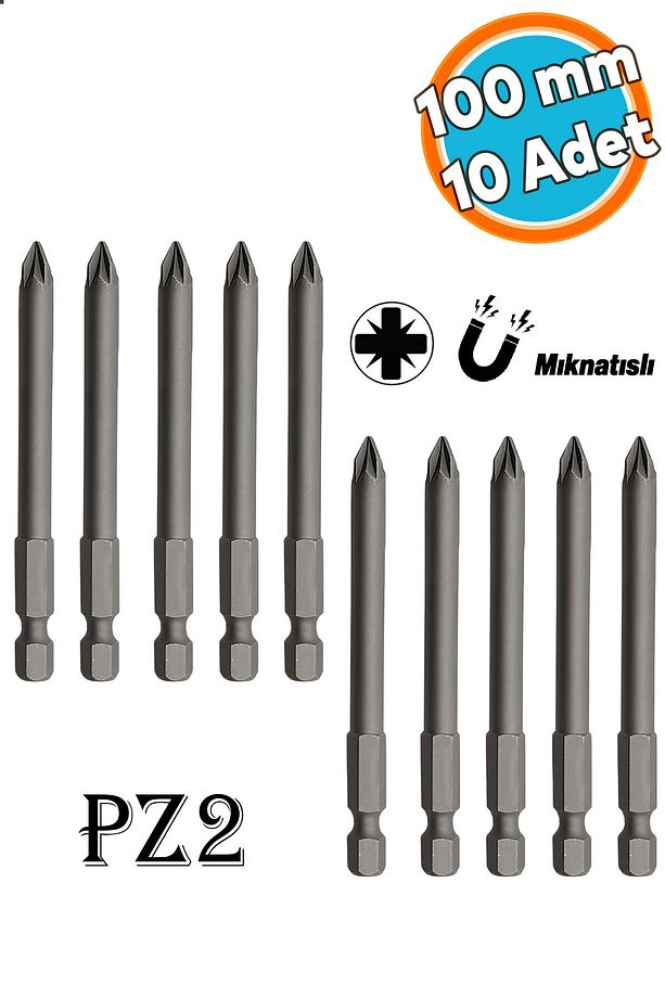 Mıknatıslı Pozidriv Bits Uç PZ2 100 mm 10'lu Set Kutulu Manyetik 1/4" Matkap Ucu Vidalama 10 cm - 1