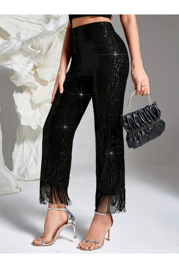 Elastic Waistband and Sequined High Waist Straight Leg Tassel Trousers