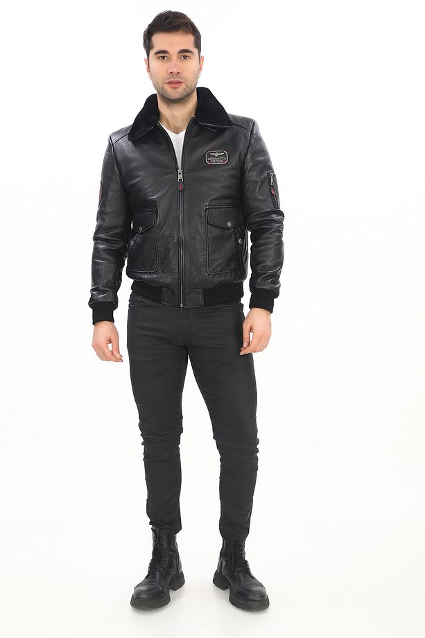 Erkek Yakası Hakiki Kürklü Pilot Model Jumbo Hakiki Deri Mont - 4