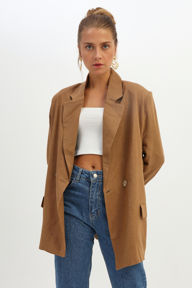 سترة كتان ذات طية صدر مزدوجة وزر واحد باللون البني - 1