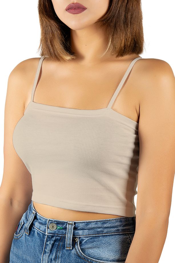 2'li Paket Siyah Bej İp Askılı Fitted/Vücuda Oturan Fitilli Crop Top Atlet - 2
