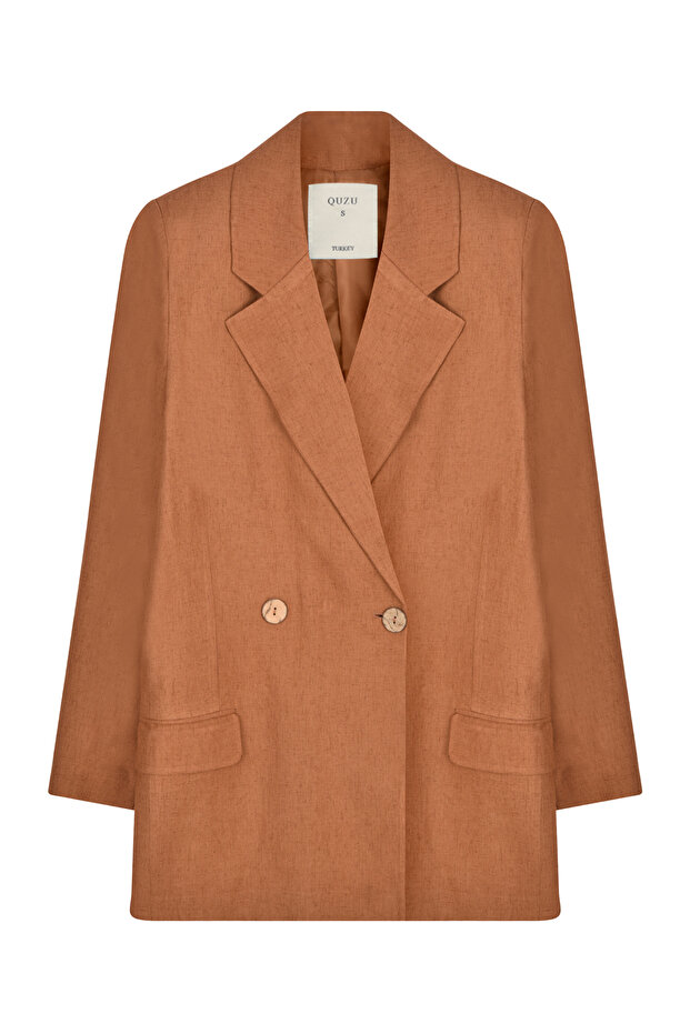 سترة كتان ذات طية صدر مزدوجة وزر واحد باللون البني - 2