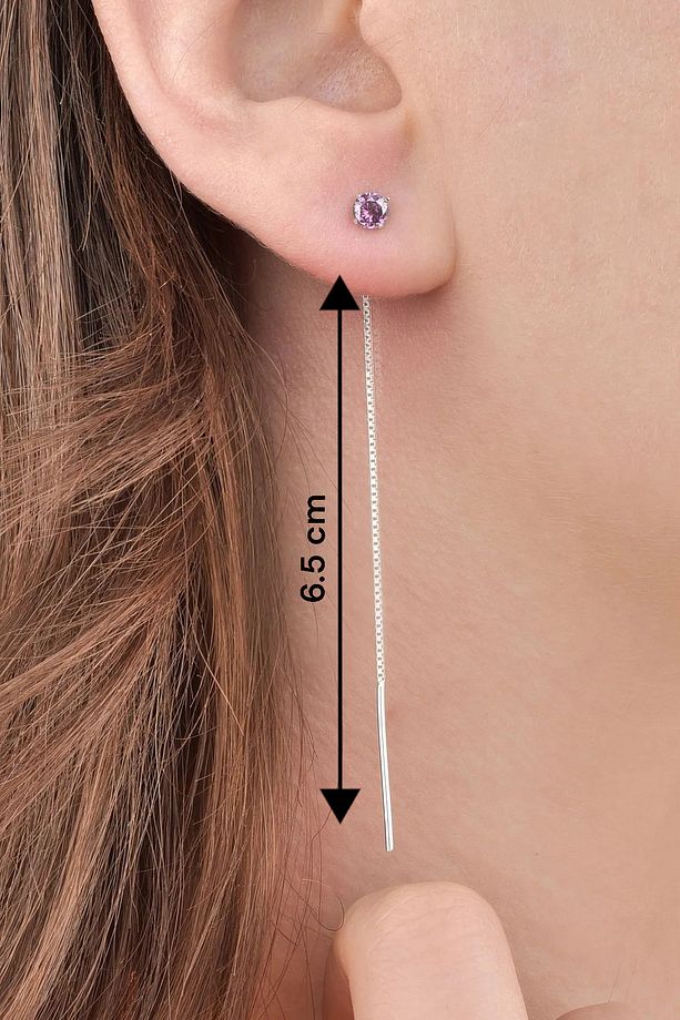 Gümüş 925 Ayar 4 Mm Zirkon Pembe Tek Taş Tekli Zincir Küpe - 2