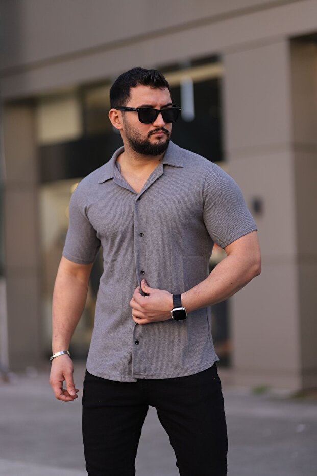 Erkek Gri Örme Kısa Kollu Gömlek - 1