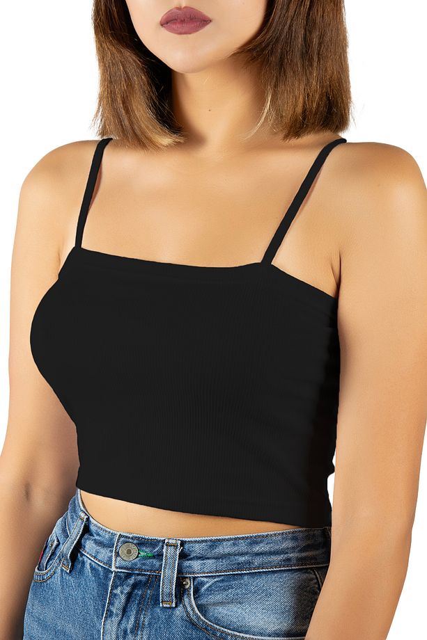 2'li Paket Siyah Bej İp Askılı Fitted/Vücuda Oturan Fitilli Crop Top Atlet - 4