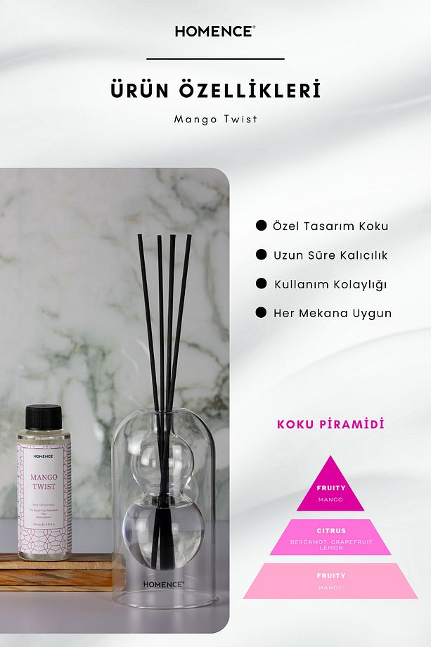Mango Twist Bambu Çubuklu Dekoratif Cam Oda Kokusu – Mango, Bergamot, Greyfurt, Limon 100ml Refill - 4